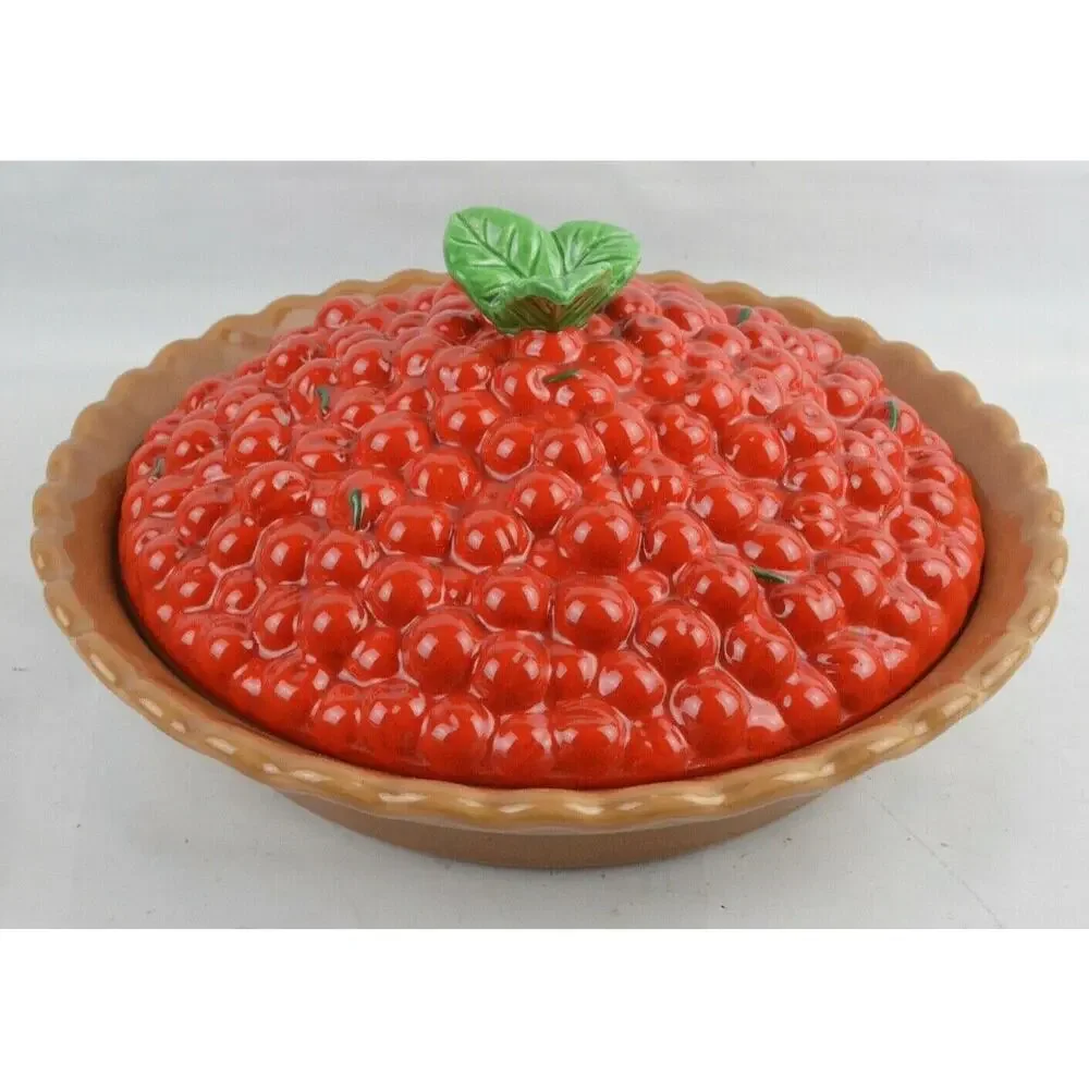 Treasure Craft Cherry Pie Keeper Dish w Lid Red Ceramic 13